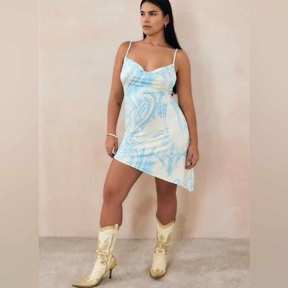 NWT MIAOU x Urban Outfitters Helga Tattoo Asymmetrical Hem Slip Dress Blue Sz L